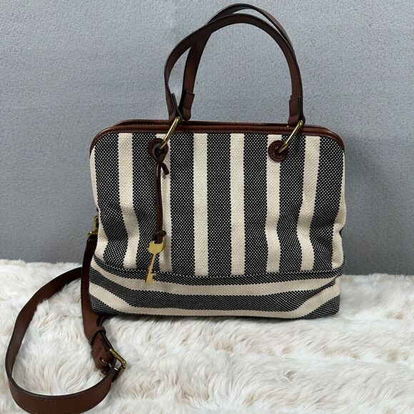 Fossil Lane Striped Grey‎ Satchel Handbag Purse Brown Faux Leather Handle Gold - Picture 1 of 13